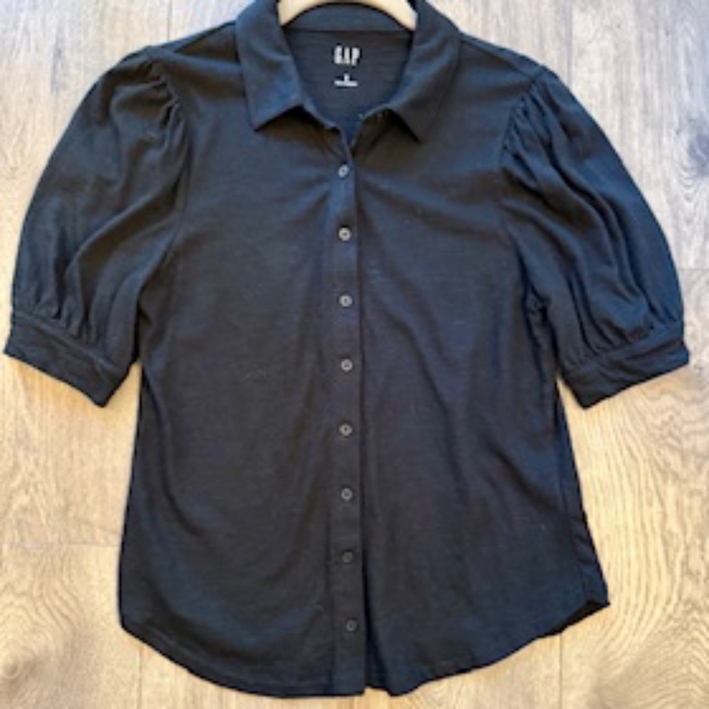 GAP NWOT Puff Sleeve Black Button Down Cotton Top, Size SM